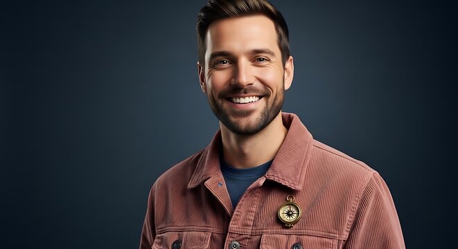 Smiling handsome man wearing a textured mauve corduroy jacket and a gold compass brooch while posing for a professional portrait on blue background