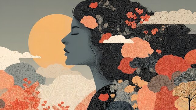 stylized mental health background for Anxiety Awareness Month, flat Memphis-boho hybrid illustration, head silhouette filled with tangled lines transforming into flowers