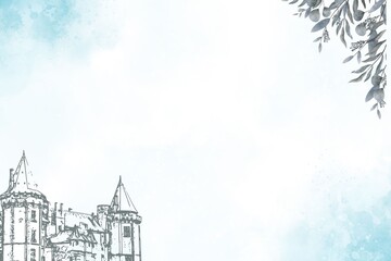 A beautiful castle with towers and turrets set against a serene blue sky with leaves © TARIQ JAVED