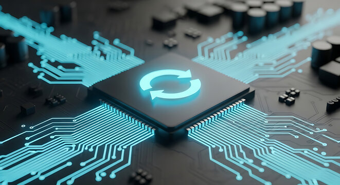 glowing microchip with refresh symbol on a digital circuit board representing software updates data processing and ai.