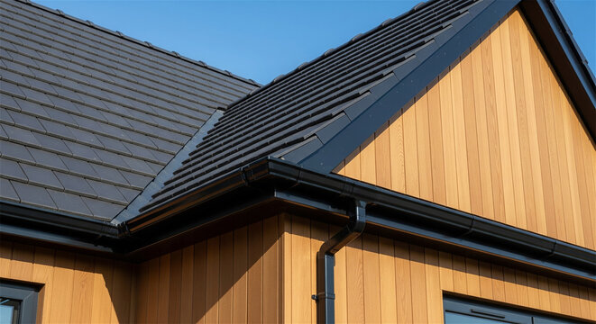 Modern residential house roof with black shingles and cedar wood siding, contemporary home exterior architecture, dark metal gutter system