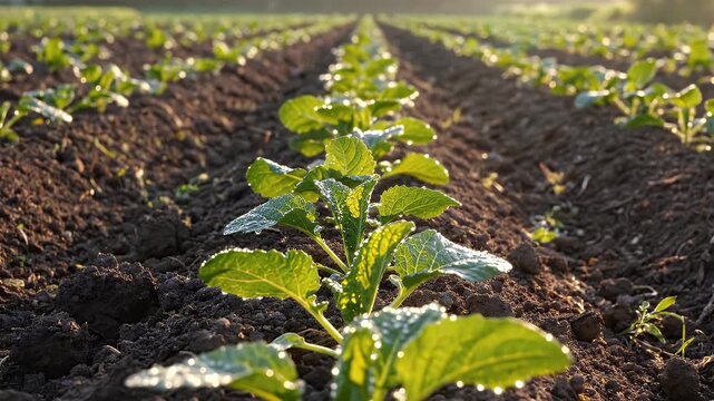 Close-up of a vibrant green crop growing in a field under sunlight.