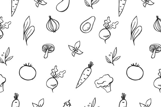 A seamless pattern of various vegetables and fruits in a simple line drawing style