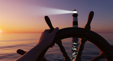 Nautical lighthouse at sunset with ship steering wheel, hand navigating boat towards beacon light, maritime guidance and leadership concept © Hammad