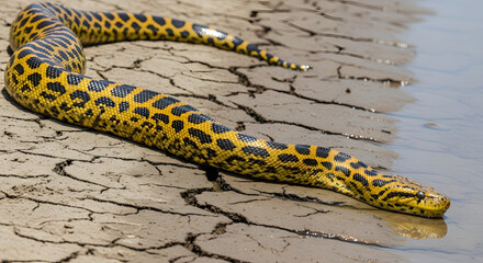 Obraz premium Yellow Anaconda Coiled on Cracked Muddy Riverbank