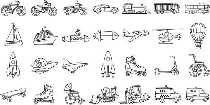 Transportation Vehicles Line Art: Bikes, Cars, Boats, Planes, Rockets, Scooters, Construction, and More