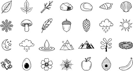 Nature Doodle Icon Set: Line Art Vector Elements of Plants, Weather, and Wildlife for Design © devanca