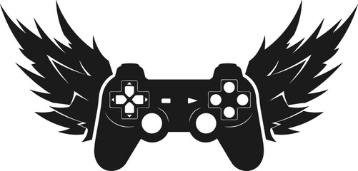 Black and white flat vector illustration of a video game controller with stylized wings representing gaming freedom and esports spirit. © Rahena ARAFAT