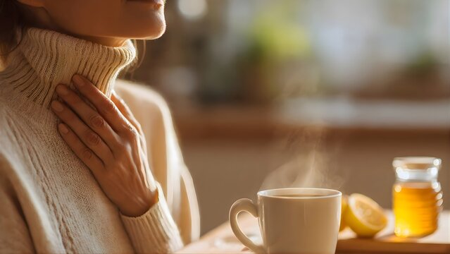 Woman with sore throat holding neck and drinking hot tea