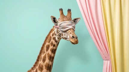 Fototapeta premium Giraffe wearing a striped sleep mask standing near colorful curtains.
