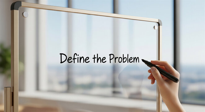 Professional hand writing 'Define the Problem' on glass board