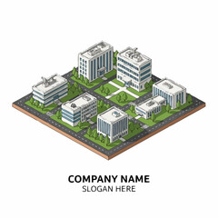 Obraz premium Isometric view of a modern office park with several buildings and green spaces.