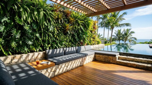 Modern Luxury Outdoor Patio with Infinity Pool, Vertical Garden Wall and Wooden Decking at Tropical Resort