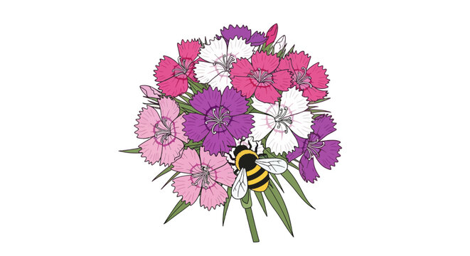 Colorful bouquet of sweet William flowers with bumble bee illustration; pink purple and white blossoms vector art
