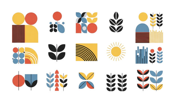 Bauhaus geometric agriculture pattern vector set with abstract natural shapes