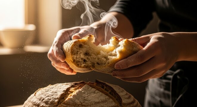 Hands holding freshly baked crusty bread.
