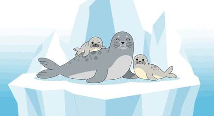 Adorable cartoon seals resting on iceberg  mother with baby on back and pup. Cute vector illustration in arctic scene for kids design. © Siti
