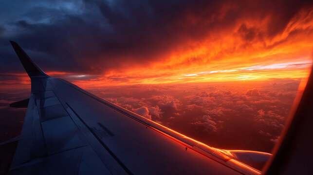 The wing of an airplane soaring through a vibrant sunset