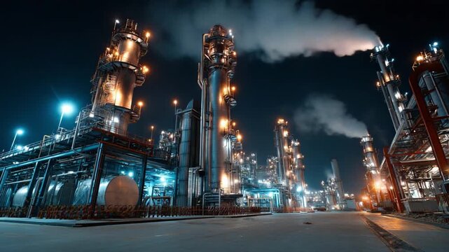 Industrial Nightscape: An industrial complex at night. Illuminated with bright lights, towering structures release plumes of smoke into the atmosphere, set against the backdrop of the darkened sky.