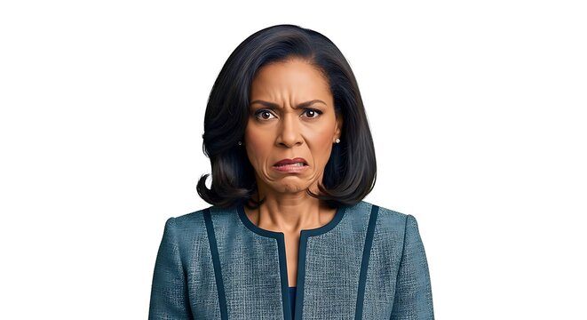 Disgusted mature woman making a repulsed face while wearing a professional blue textured blazer for a corporate studio portrait on white background