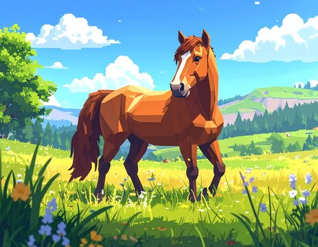 Majestic Brown Horse Standing in a Vibrant Green Meadow Under a Blue Sky.