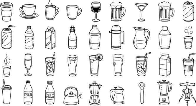 Food and Drink Beverages and Kitchenware Doodle Line Art Icons Set. Hand Drawn Collection of Cafe, Bar, and Household Items in Black and White Outline Style for Menu or Decor.