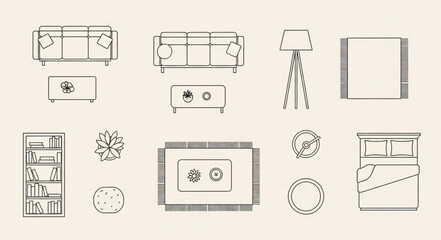 Top view furniture and decor elements for interior design. © Kani