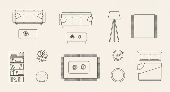 Top view furniture and decor elements for interior design.