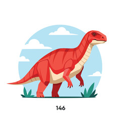 A vibrant red dinosaur standing in a stylized cartoon illustration. © Rom