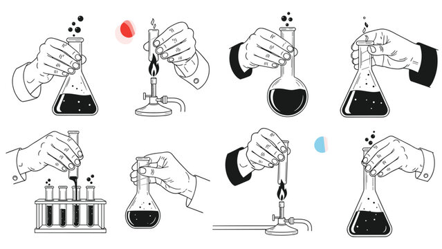 Collection of hands performing laboratory experiments with test tubes, beakers, and burners in a classic scientific drawing style.