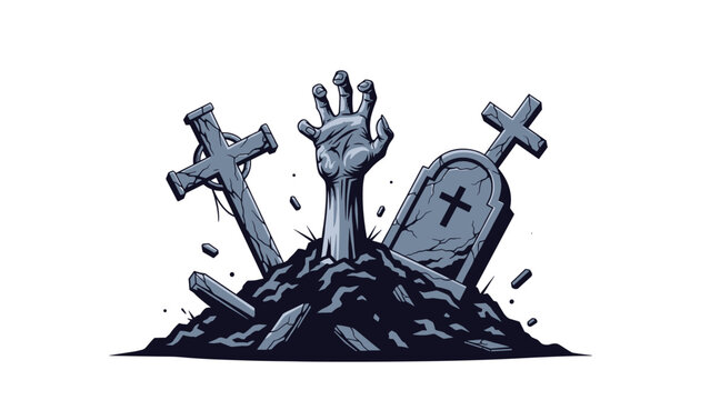 Zombie hand emerging from a mound of dirt in a graveyard with tombstones and crosses in a spooky horror illustration style.