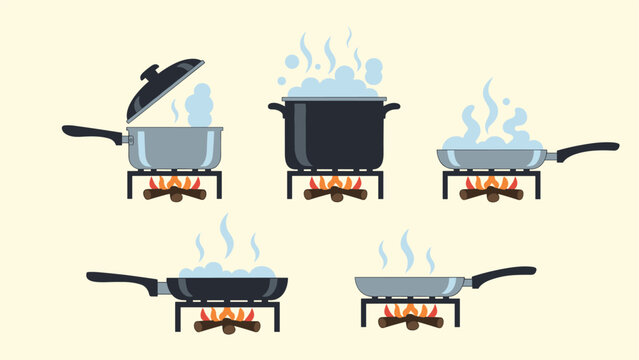 Set of cooking pots and pans on fire with steam rising representing meal preparation on a kitchen stove or open flame.