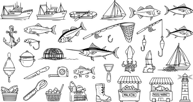 Fishing Industry Black and White Line Art Icons Set. Hand-Drawn Nautical Equipment, Marine Life, and Seafood Market Elements Collection. Ocean Themed Doodle Vector.
