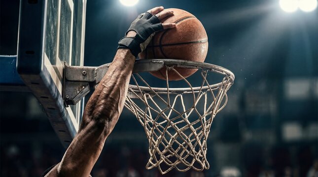 Close-Up of a Basketball Player Dunking the Ball with Powerful Motion and Intense Action at the Rim