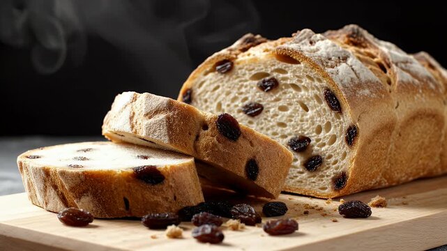 Delicious sliced raisin bread loaf on a wooden cutting board, close-up shot.