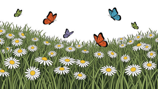 Vibrant meadow filled with daisies and chamomiles under a bright sky with colorful butterflies flying over the green field.