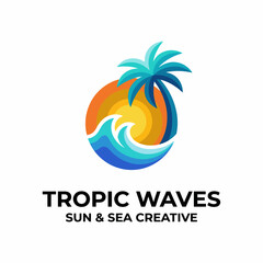 Obraz premium This vibrant logo showcases a tropical beach scene with waves and a palm tree, evoking feelings of relaxation, adventure, and summer vacations for creative businesses.
