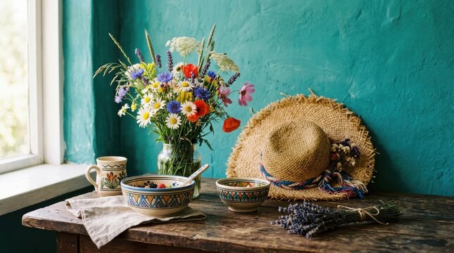 Sebuah desain dekorasi still life dengan topi jerami dan bunga dalam vas di atas meja kayu tua dengan cangkir teh dan keranjang di kebun alam yang asri