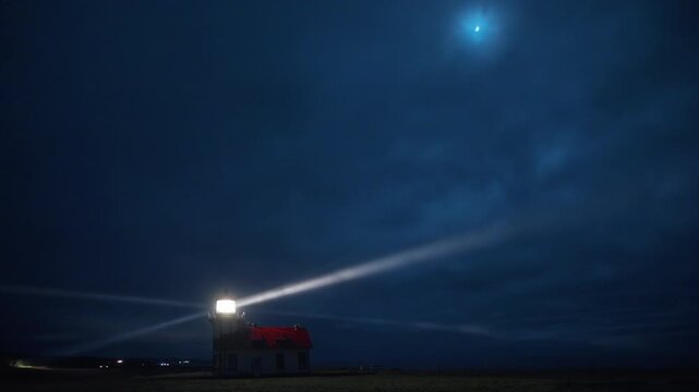 Wide view of Point Cabrillo Lighthouse with rotating beam sweeping across foggy night sky near Mendocino, California, USA creating cinematic coastal atmosphere with strong light rays