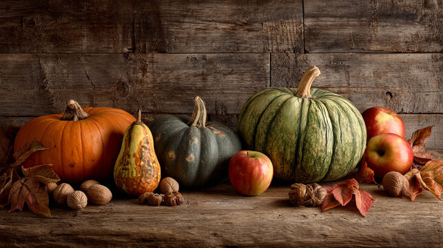 beautiful autumn harvest display with pumpkins, apples, nuts and pears.