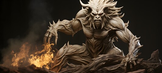 Fototapeta premium minotaur liger dryad shaped matchstick carving,generative AI
