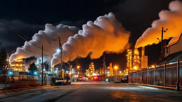 Illuminated Industry at Night: A captivating depiction of an industrial complex, bathed in the glow of artificial lighting and emitting plumes of steam against the night sky.