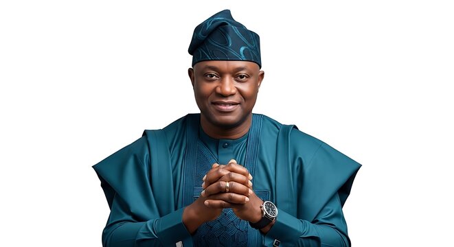 Proud black man wearing traditional nigerian agbada and fila hat while clasping hands for professional cultural portrait on plain white background