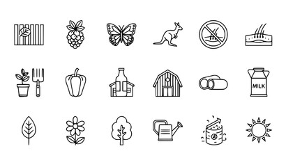 Editable natural outline icons set with field berry butterfly plant barn and organic eco symbols geometric vector style © Lipi