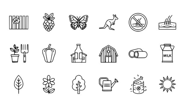 Editable natural outline icons set with field berry butterfly plant barn and organic eco symbols geometric vector style
