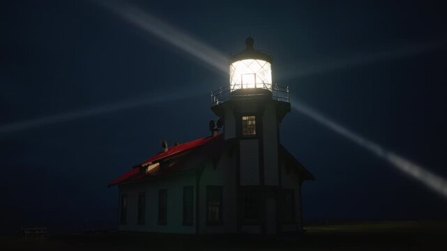 Night lighthouse with powerful rotating beam cutting through coastal fog near Mendocino, California, USA, highlighting maritime navigation and creating cinematic coastal atmosphere