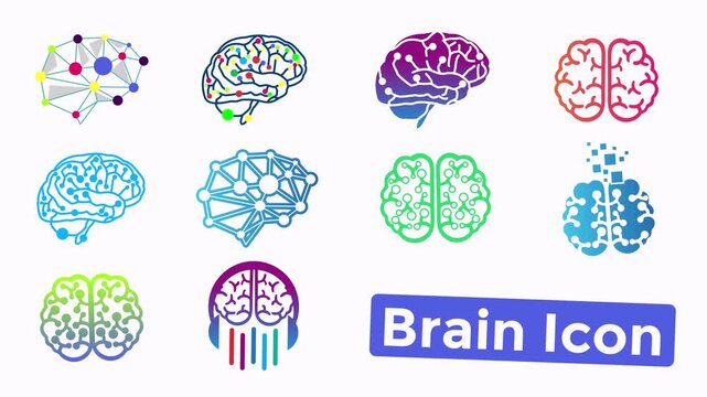 Animated Brain Icon Set with Digital Networks, Circuitry, and Pixel Effects Transparent Background