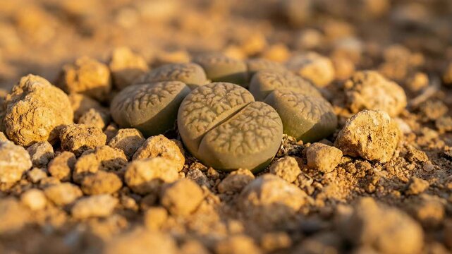 Close-up of a living stone succulent plant growing in dry soil.