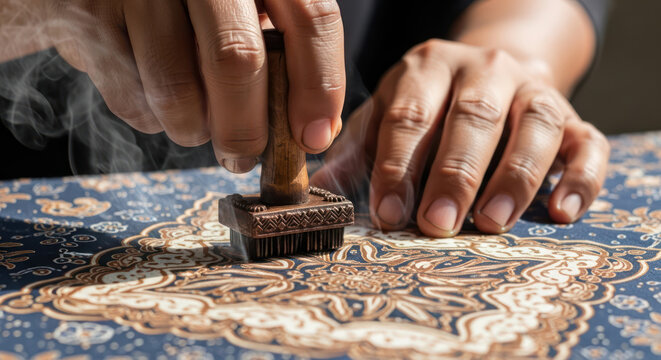Crafting intricate batik patterns with a traditional stamp tool.