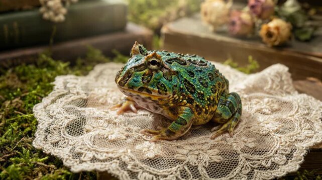 Close-up of a green frog sitting on a white lace doily.